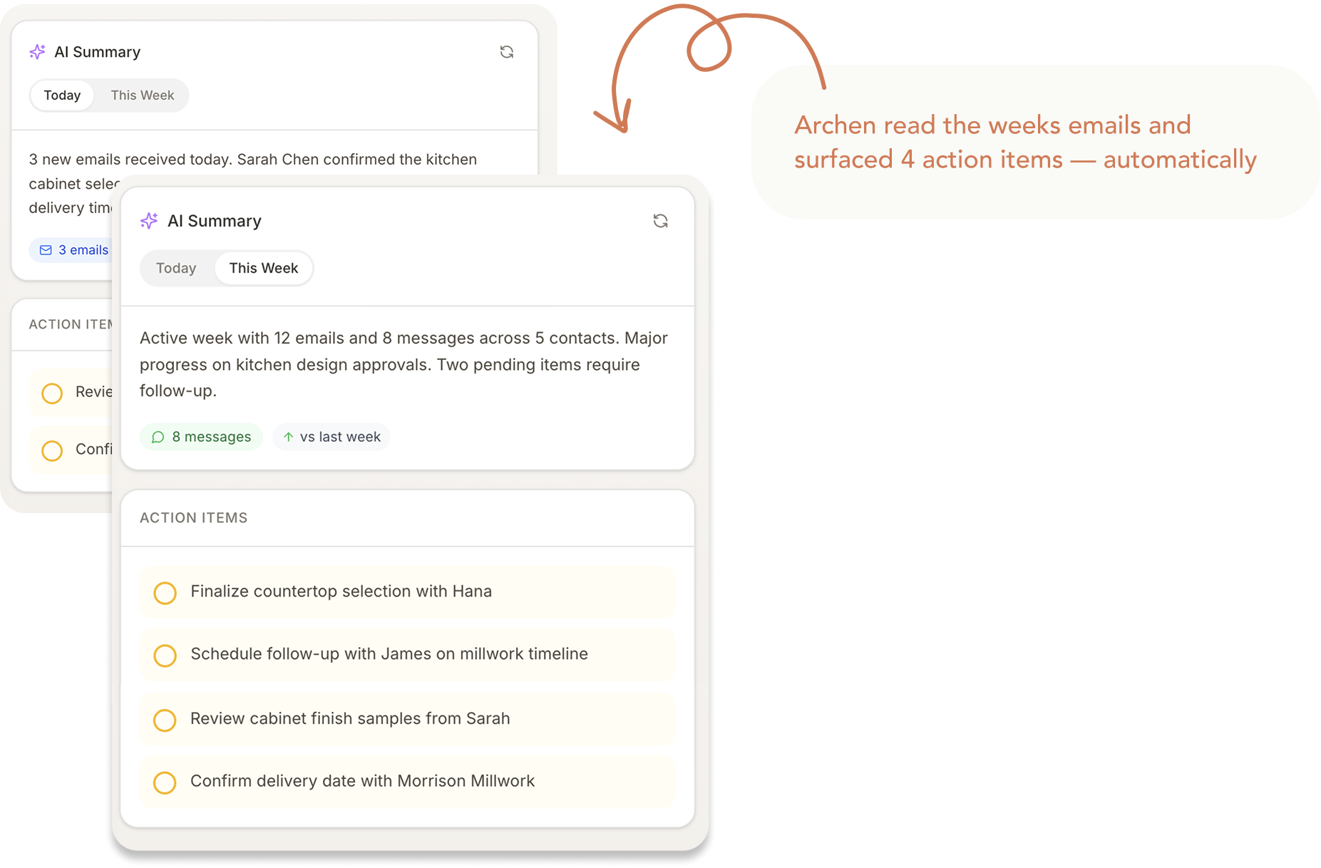 Archen - AI summary surfacing weekly action items